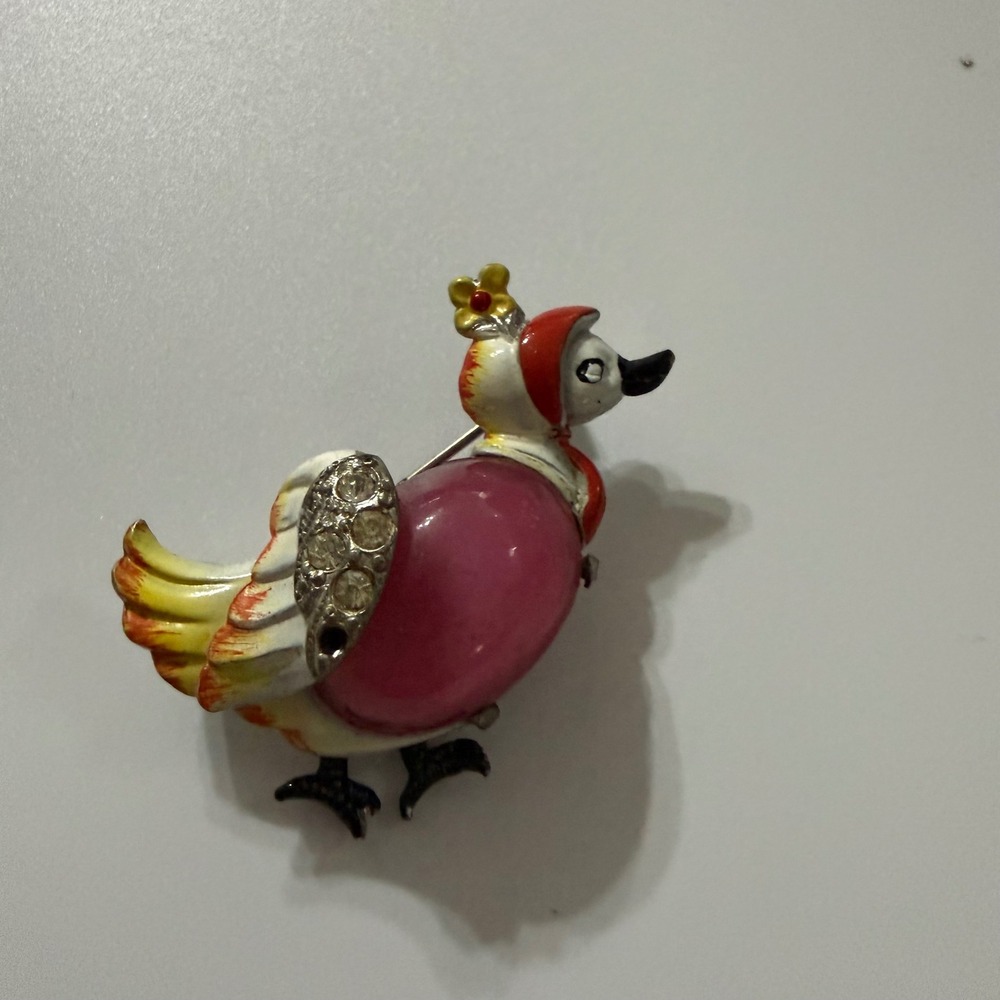 Vintage Coro Enamel Duck Brooch Pink Jelly Belly Rhinestone Bonnet Pin